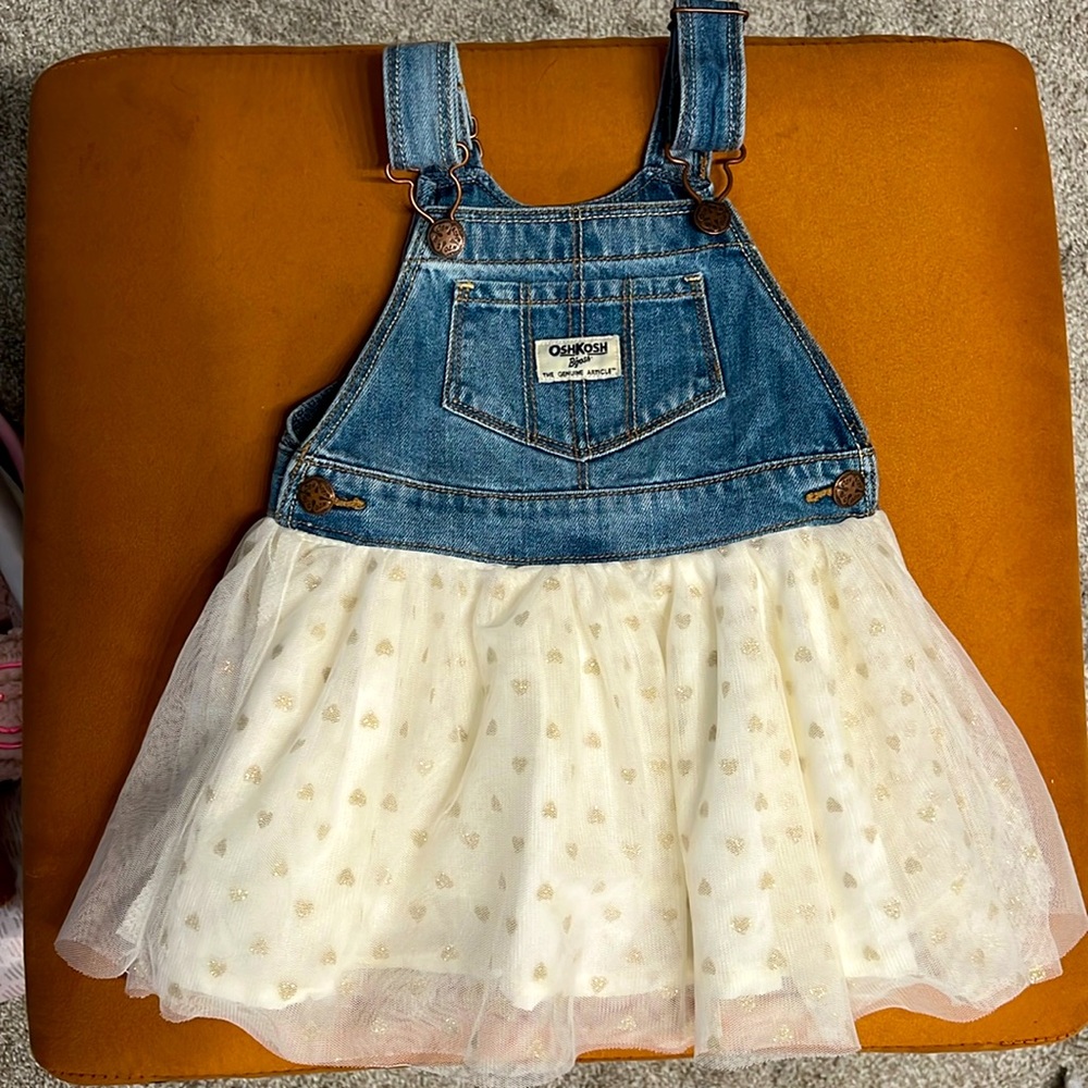 2T OshKosh Toddler Overalls Champagne Jean Dress w/ Gold Glitter Tulle Hearts